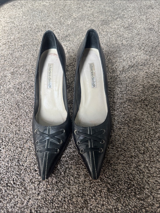 Charles David Shoes - Charles David Black Pointed Lace-Trim Leather Pumps